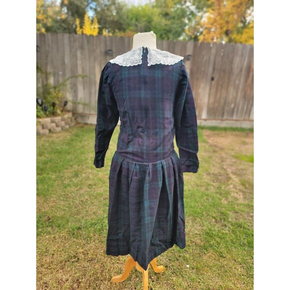 Laura Ashley Vintage Drop Waist Dress Size 8 Blue Green Plaid Tartan Wool Lace - Picture 5 of 9